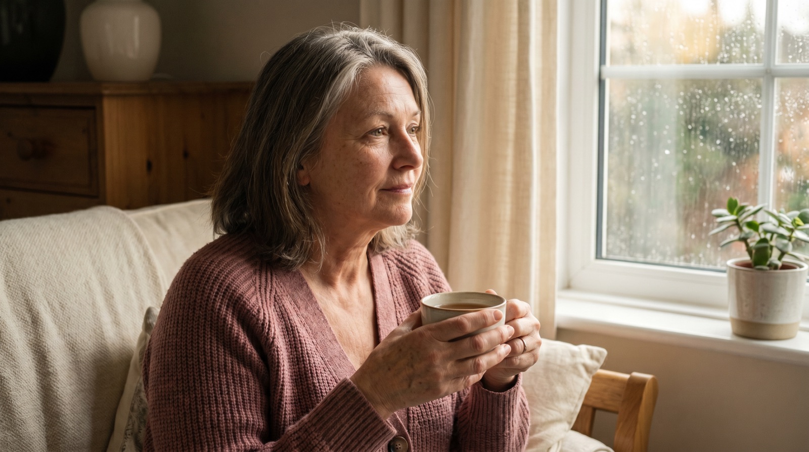 Frau um die fünfzig sitzt ruhig mit einer Tasse Tee am Fenster